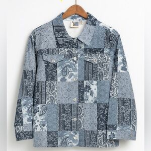 Vintage 90's Take Two Women's 100% Cotton Blue Paisley Denim‎ Blazer Jacket sz S